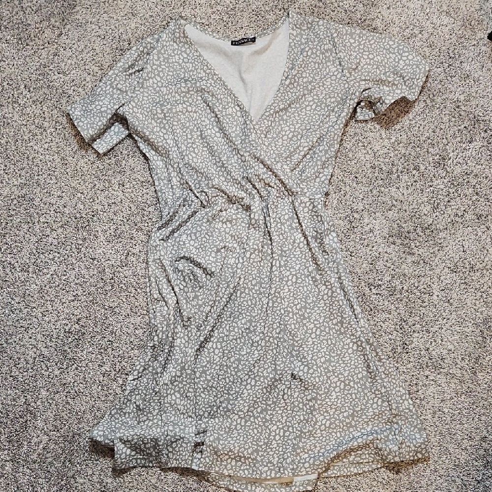 Gray and White Patterned Wrap Dress